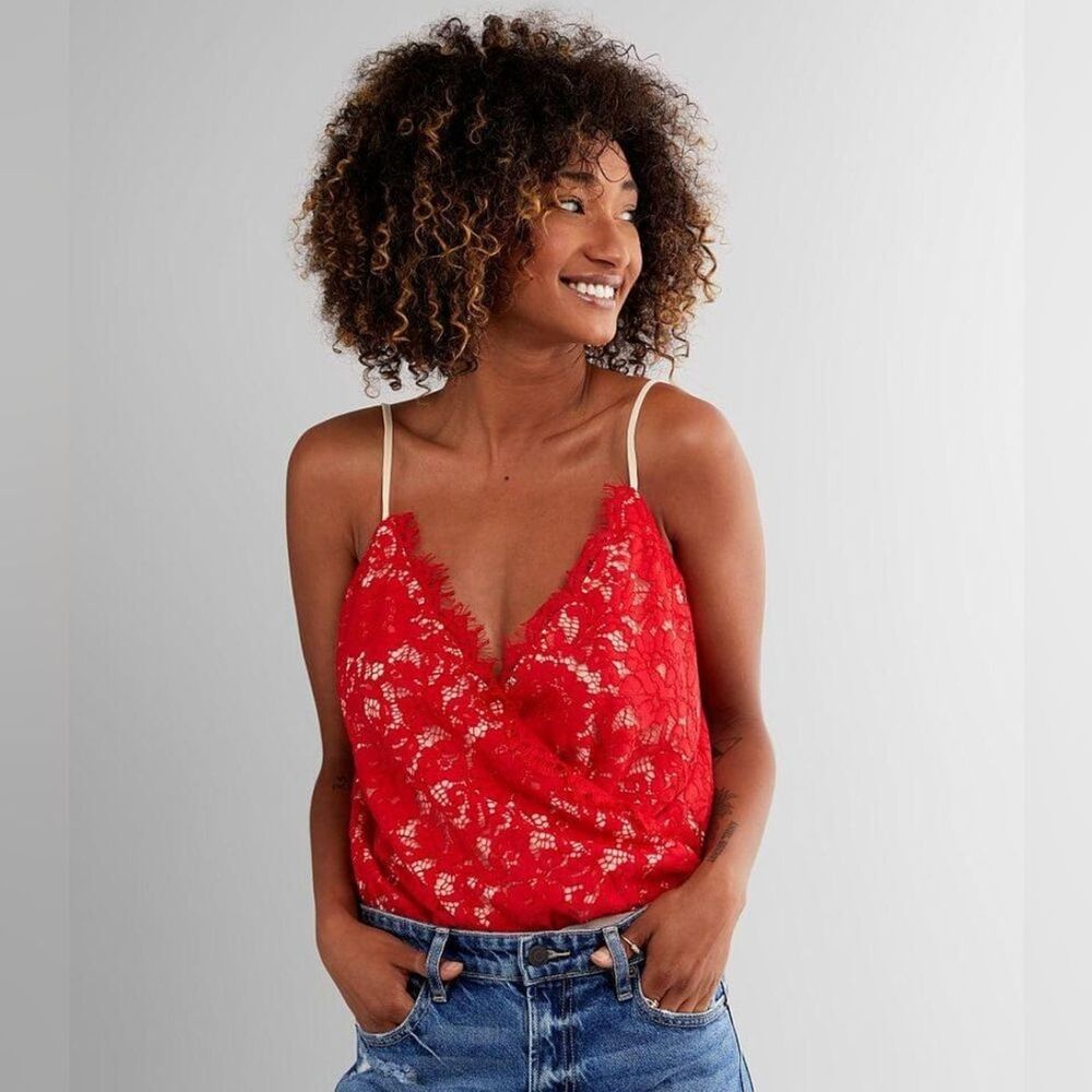 Strut & Bolt Eyelash Lace Surplice Bodysuit‎ Bold Red Womens SZ Medium Baddie
